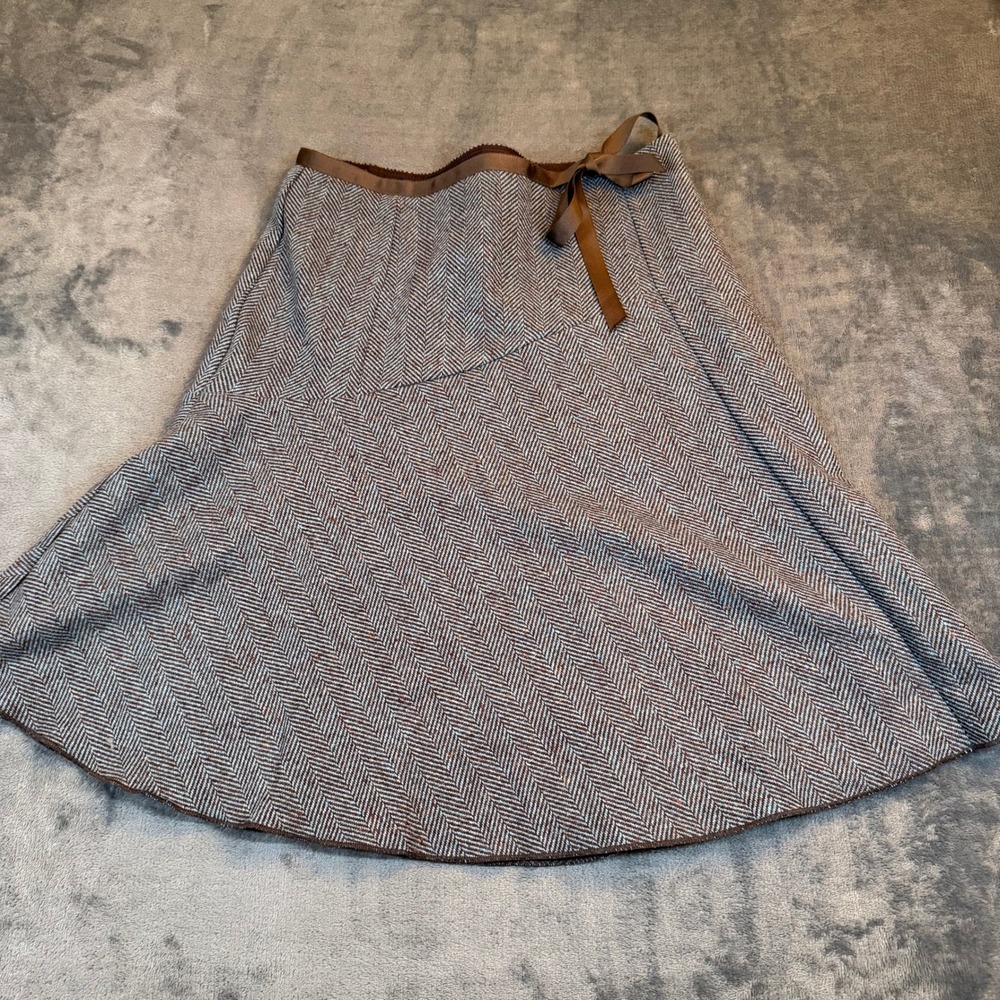 Jaloux Herringbone Wool‎ Blend Skirt Womens Small Brown Blue Ribbon Trim Lined